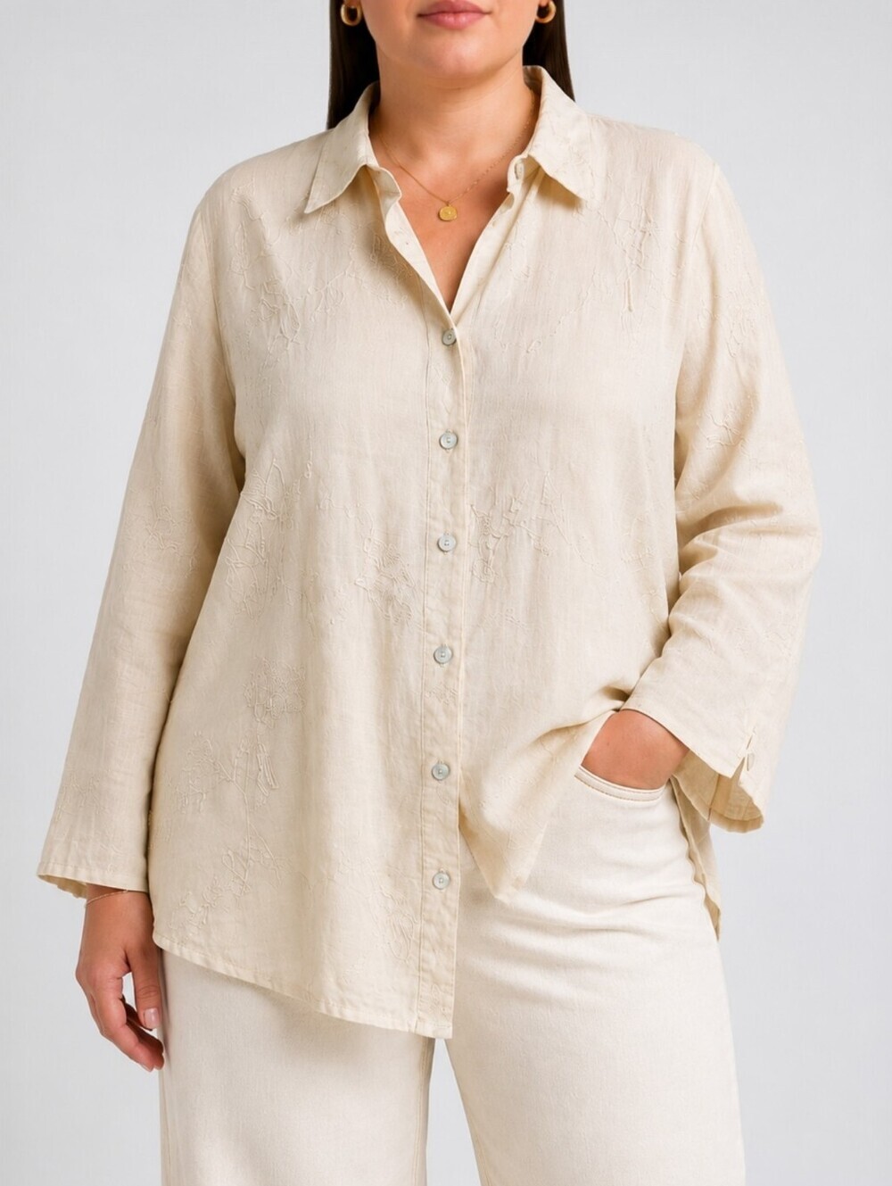 Edward Woman Irish Linen Embroidered Shirt 2X Cream Button Down Boho Plus Size